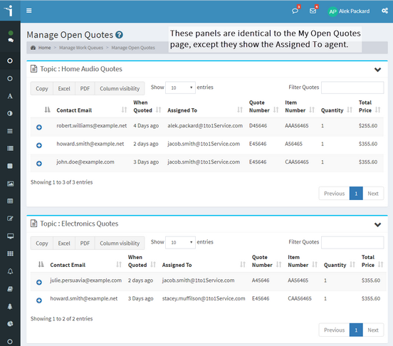 iService listing open quotes with their current stage and owner