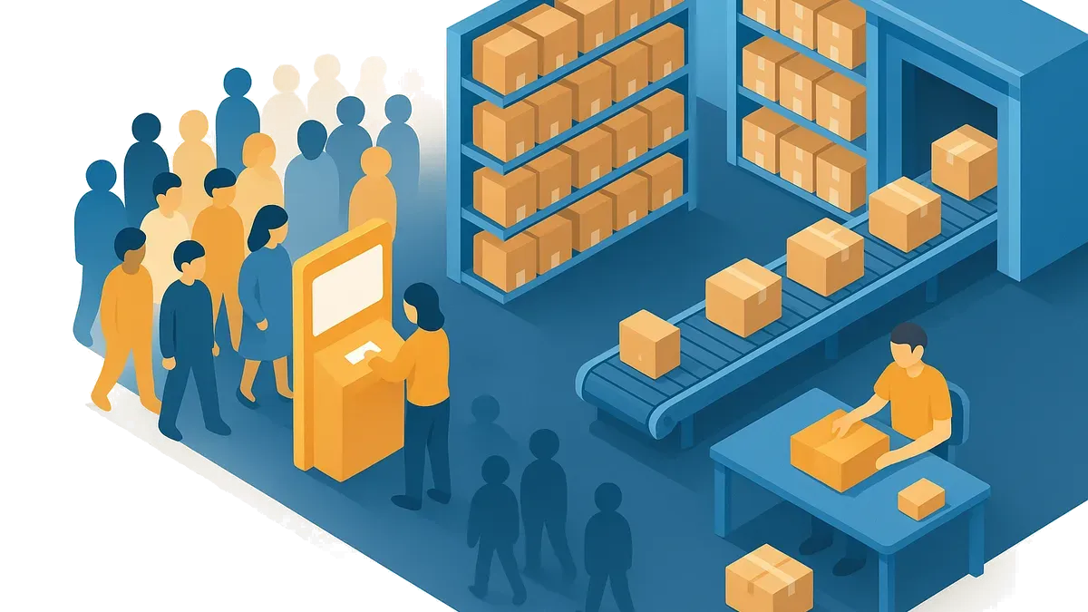 A busy fulfillment floor where most arriving shoppers are answered at an open self-serve counter and only a few reach the packing bench