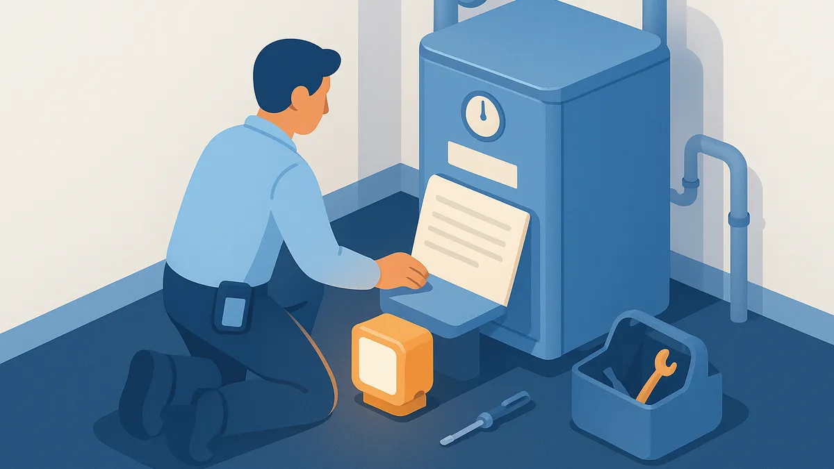 A kneeling technician working at home equipment with the property's earlier visit record propped open beside them