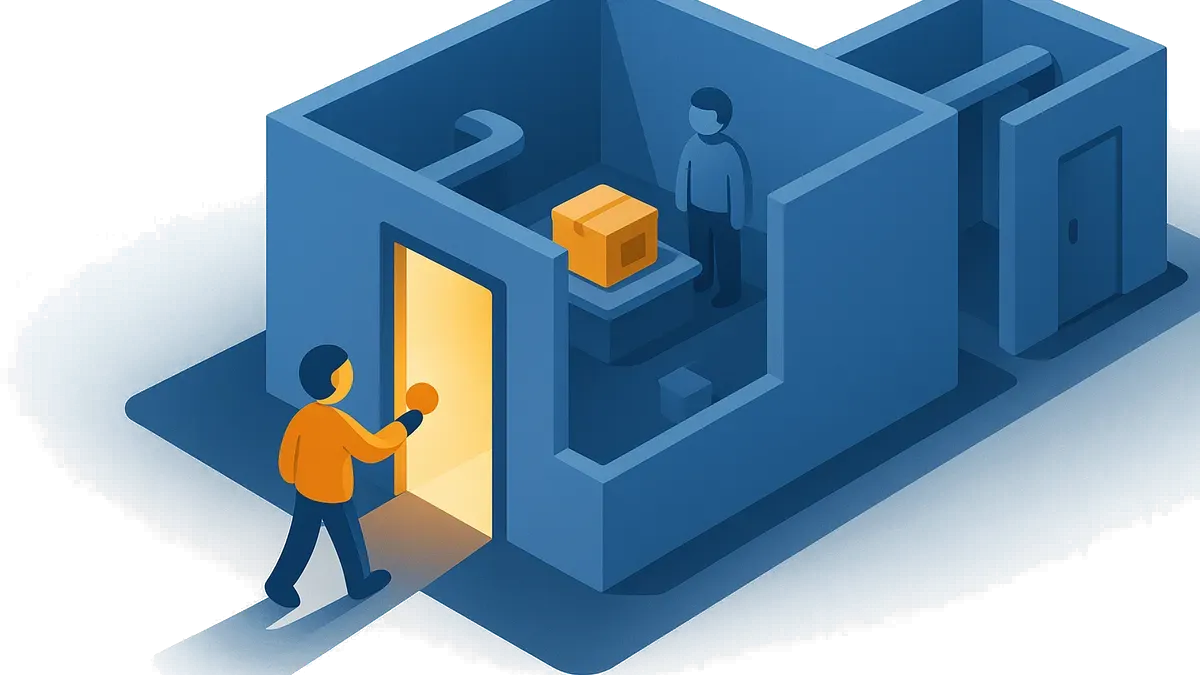 A member admitted through an authenticated portal door into a walled area where their account correspondence has already been delivered