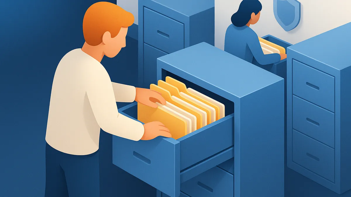 A reviewer drawing out one complete unbroken run of account files while the neighboring drawers stay shut to them