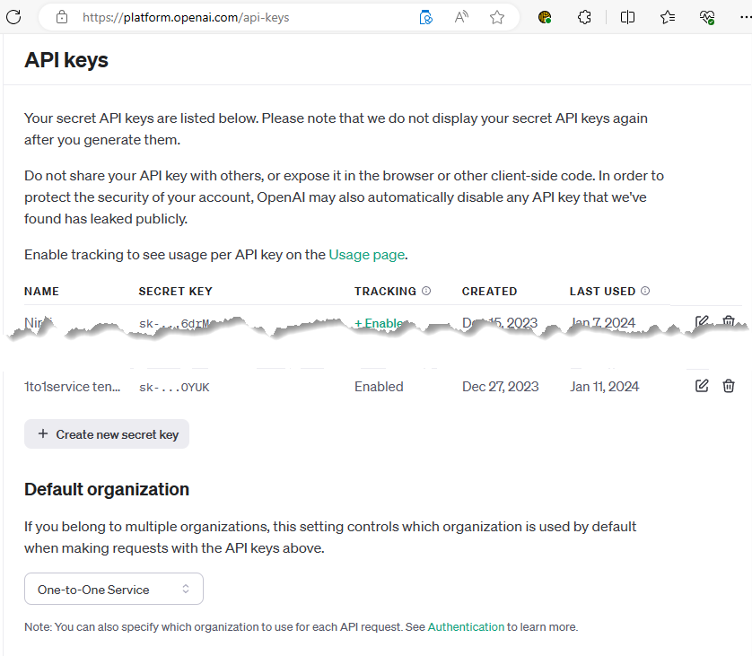 iService configured against an OpenAI model through the external API settings