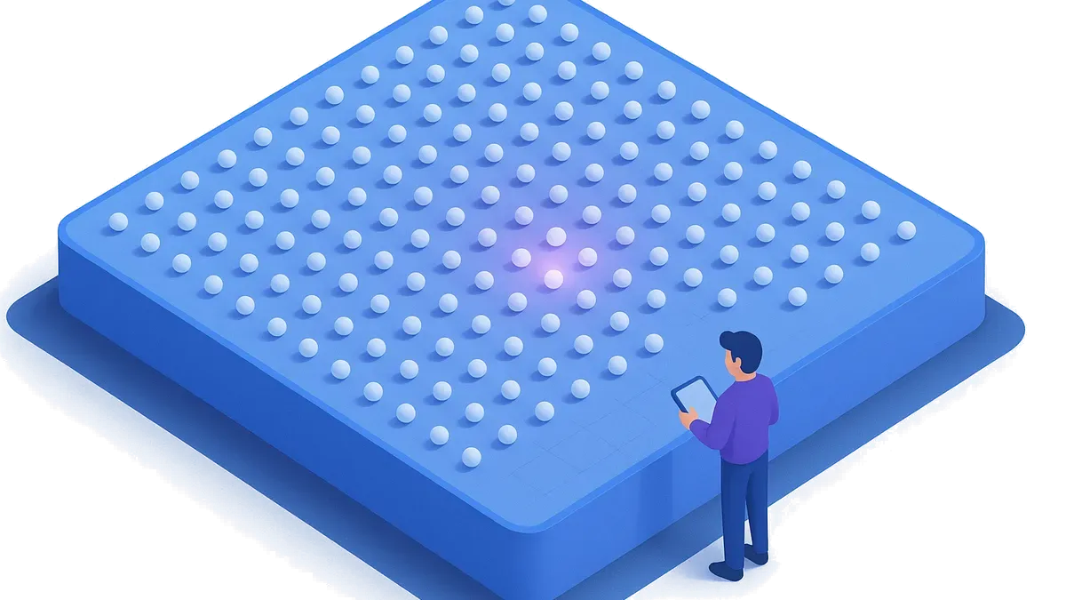 A dense ordered field of tiny points with one cluster glowing where a query has landed