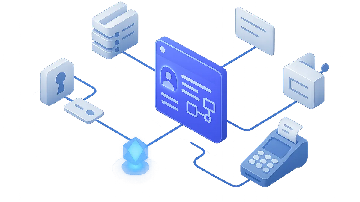 A central iService service workspace connected to CRM, identity, email, payments, AI, and automation systems.