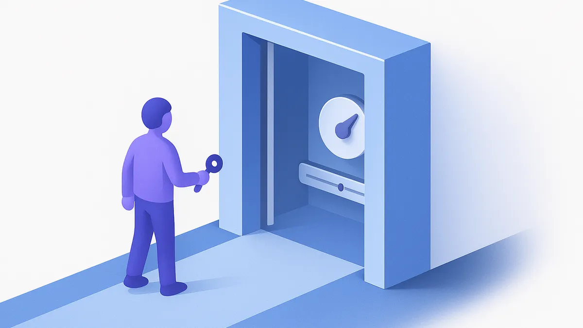 A figure arriving at a doorway with a key while a separate mechanism inside sets how far they may go