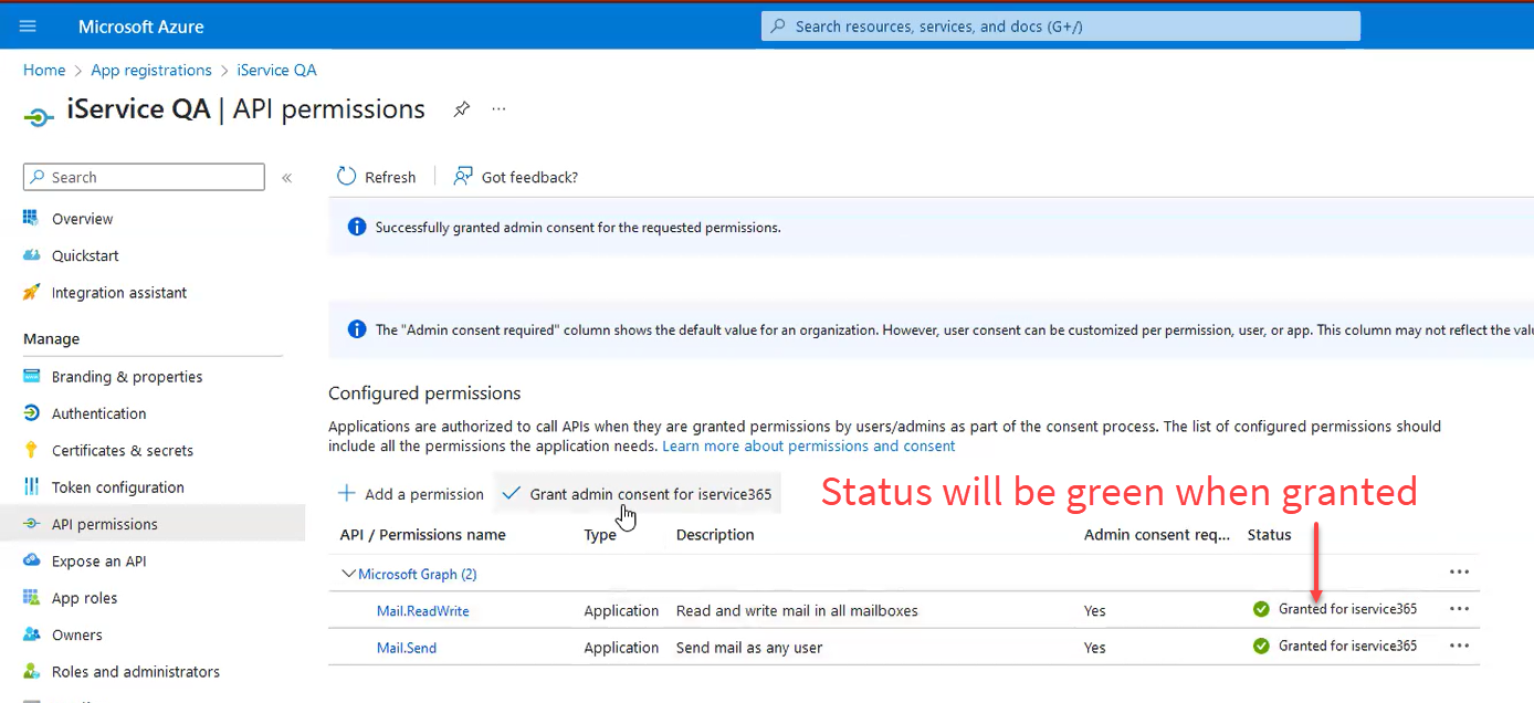 iService connected to a Microsoft 365 mailbox through the Graph API