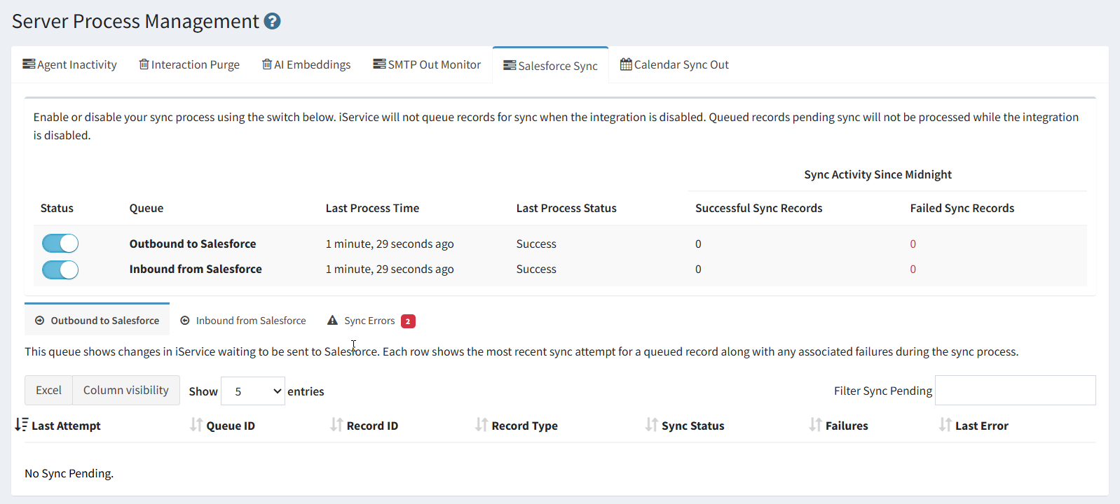 The iService Salesforce sync tab showing the state of the connection