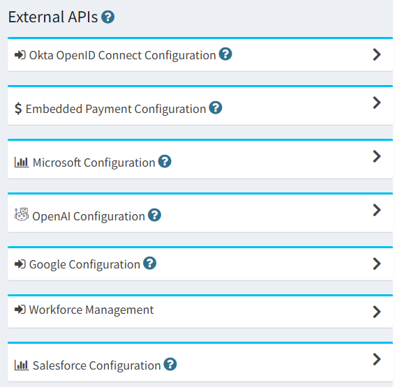 iService External APIs configuration list showing Okta, payments, Microsoft, OpenAI, Google, workforce management, and Salesforce.