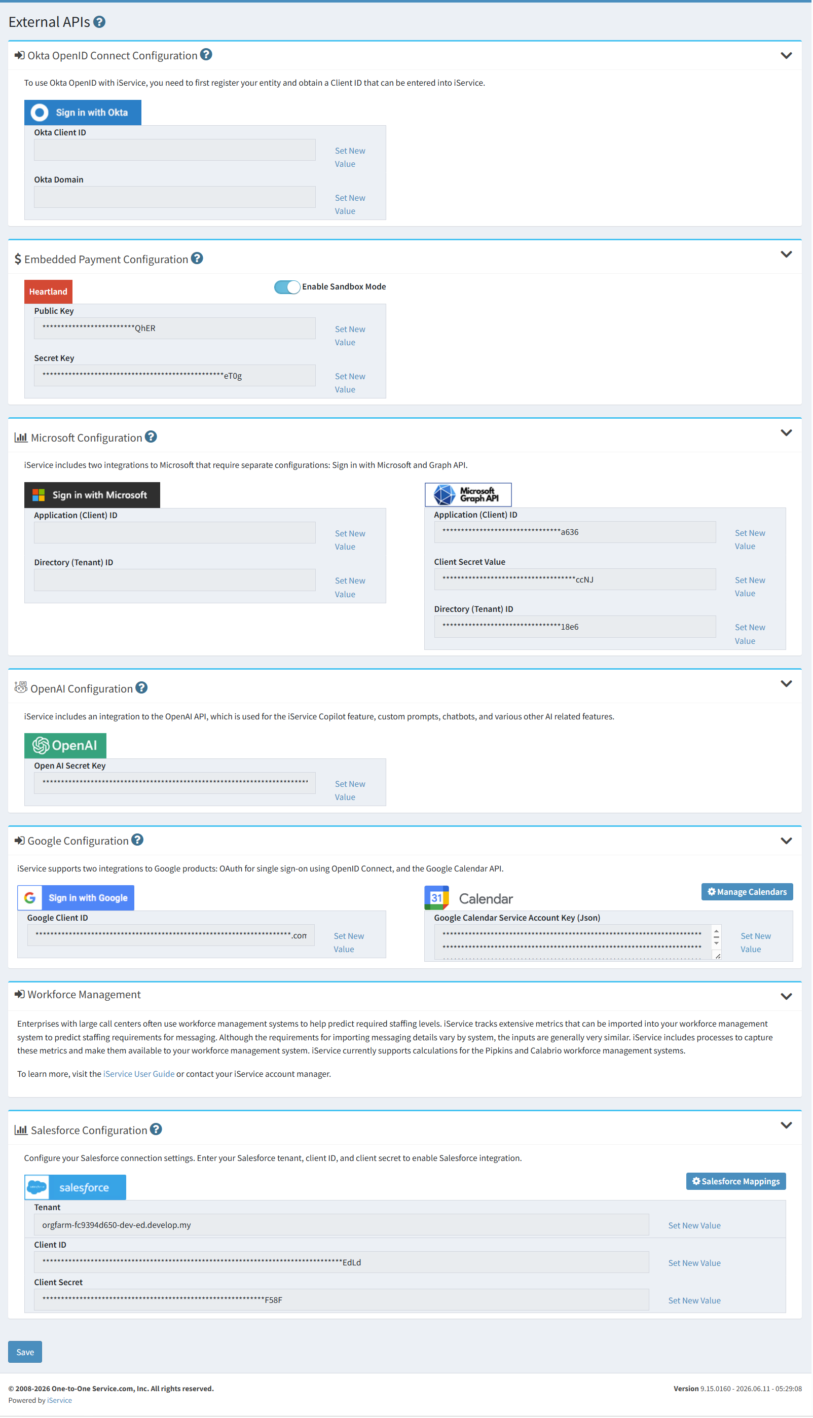 The iService external API configuration calling an outside service