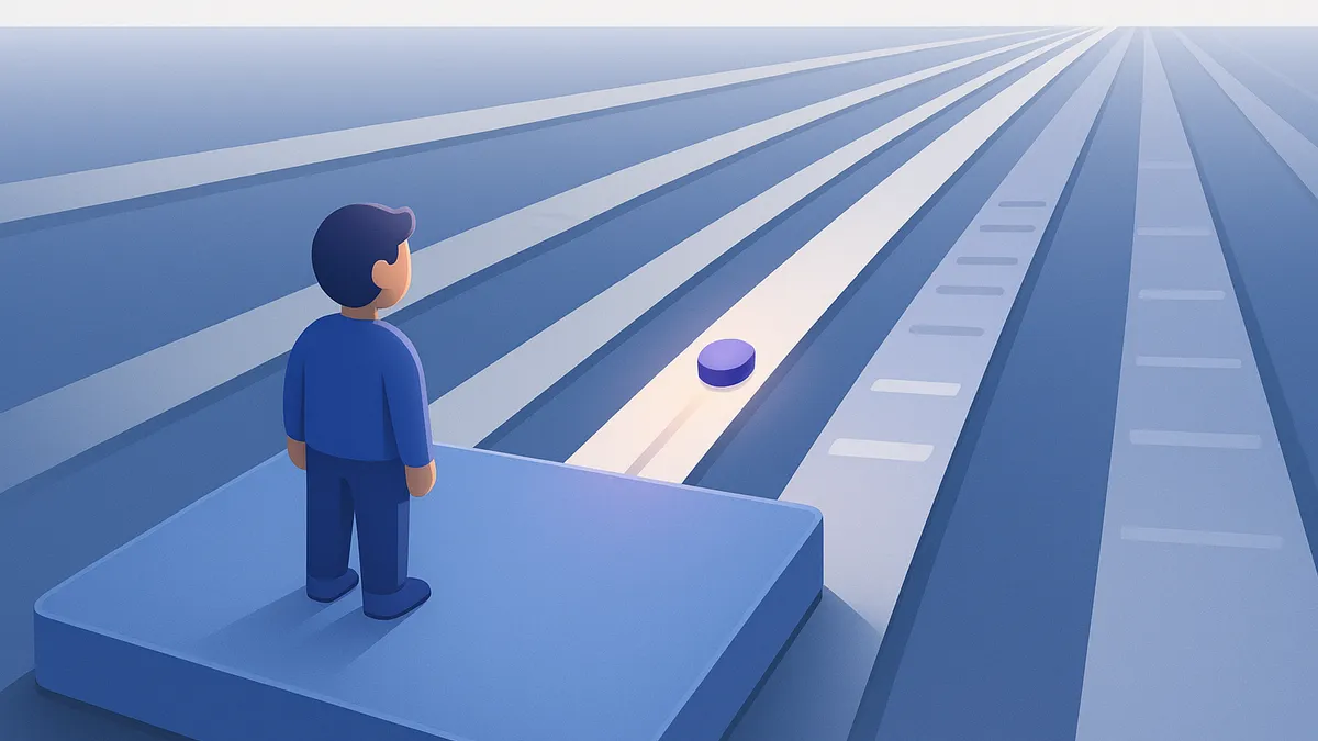 Many routes running out from a service platform toward the horizon with one lit and carrying work away