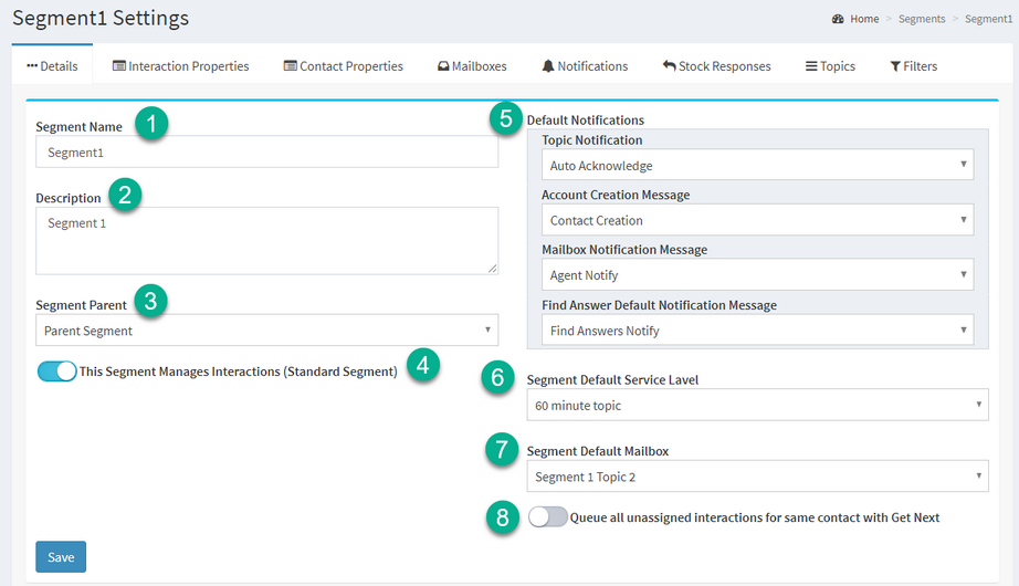 An iService segment configured with the settings that separate one team from another