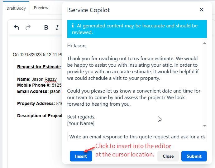 The iService Copilot prompt window showing a generated draft for the agent to review before sending