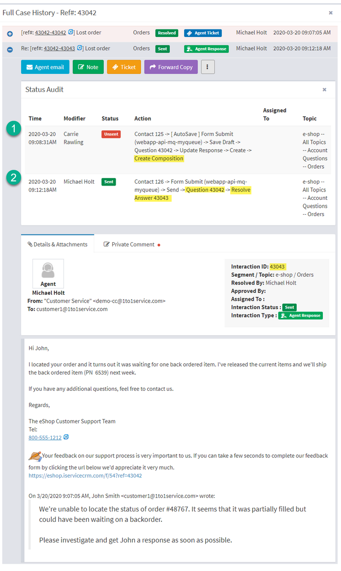 iService explaining an interaction status audit in plain language for the agent