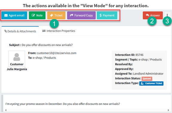 An iService interaction open in view mode, showing the message, its properties, and the actions available on it