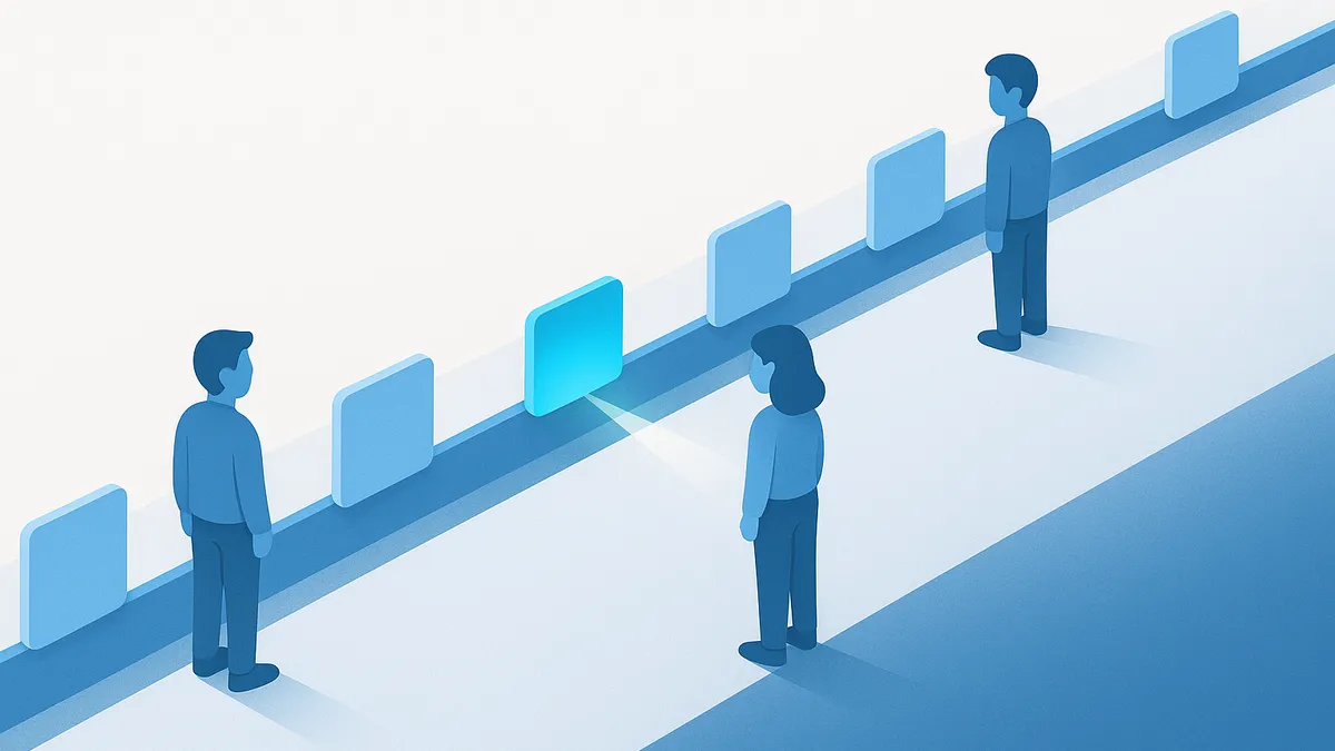 One long horizontal thread of past exchanges with three people standing at separate points along it and one older exchange lit and lifted clear