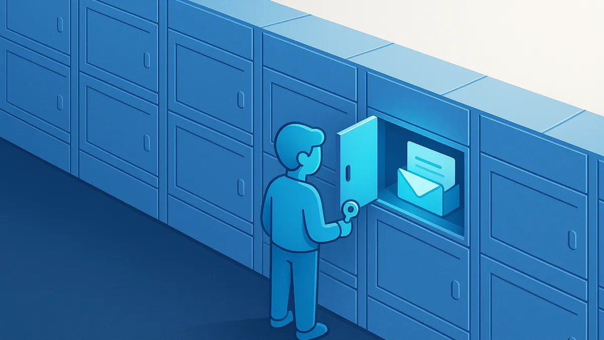 A long row of identical closed compartments with one open and lit in front of a single person holding a key