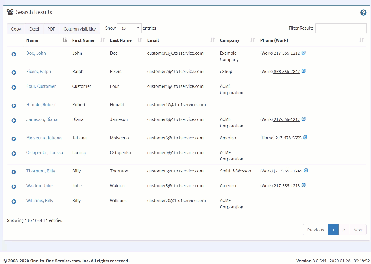 iService contact search results with the actions available on each row
