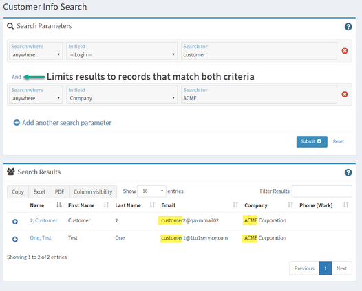 An iService contact search combining several conditions into one query