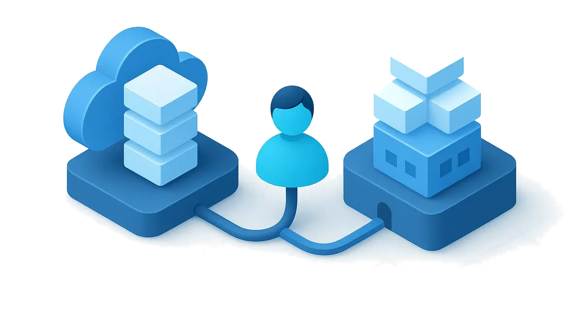 Two mirrored deployment environments of equal size, one resting on a cloud form and one on a customer building