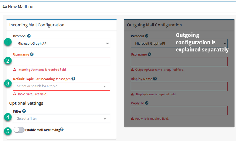 An iService incoming mailbox configured against the Microsoft Graph API
