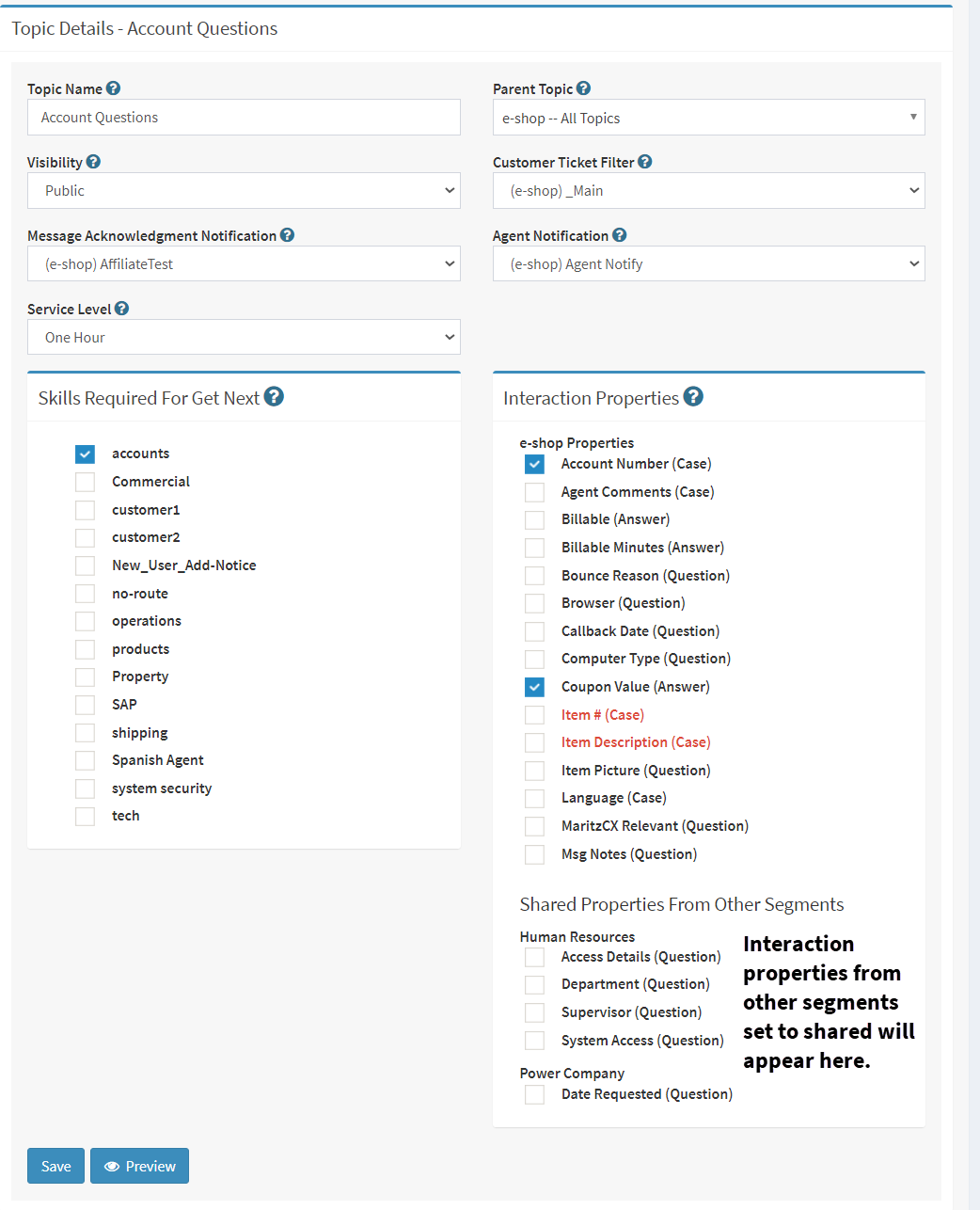 An iService topic configured with the settings that route mail arriving for it