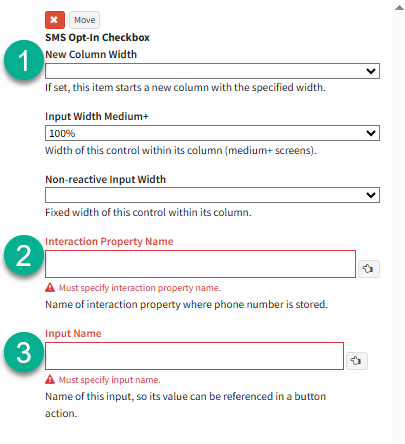 The iService SMS opt-in element configured on a workflow panel