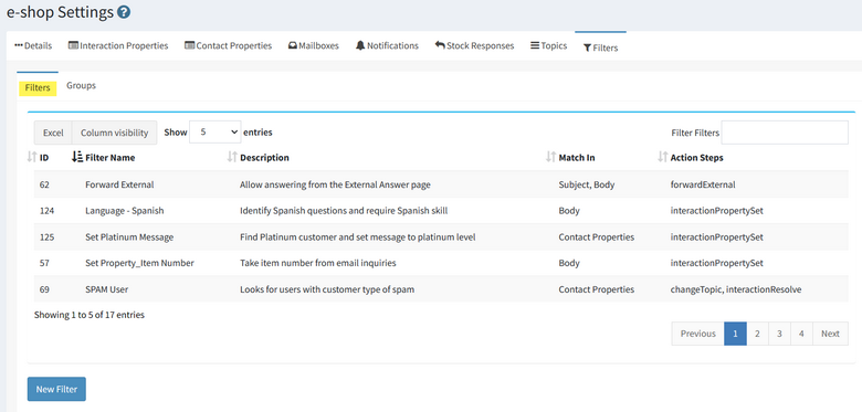 The iService filter list showing the rules that run against arriving interactions