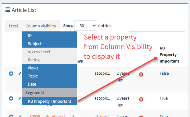 iService knowledge base search results with the visible columns configured for the question