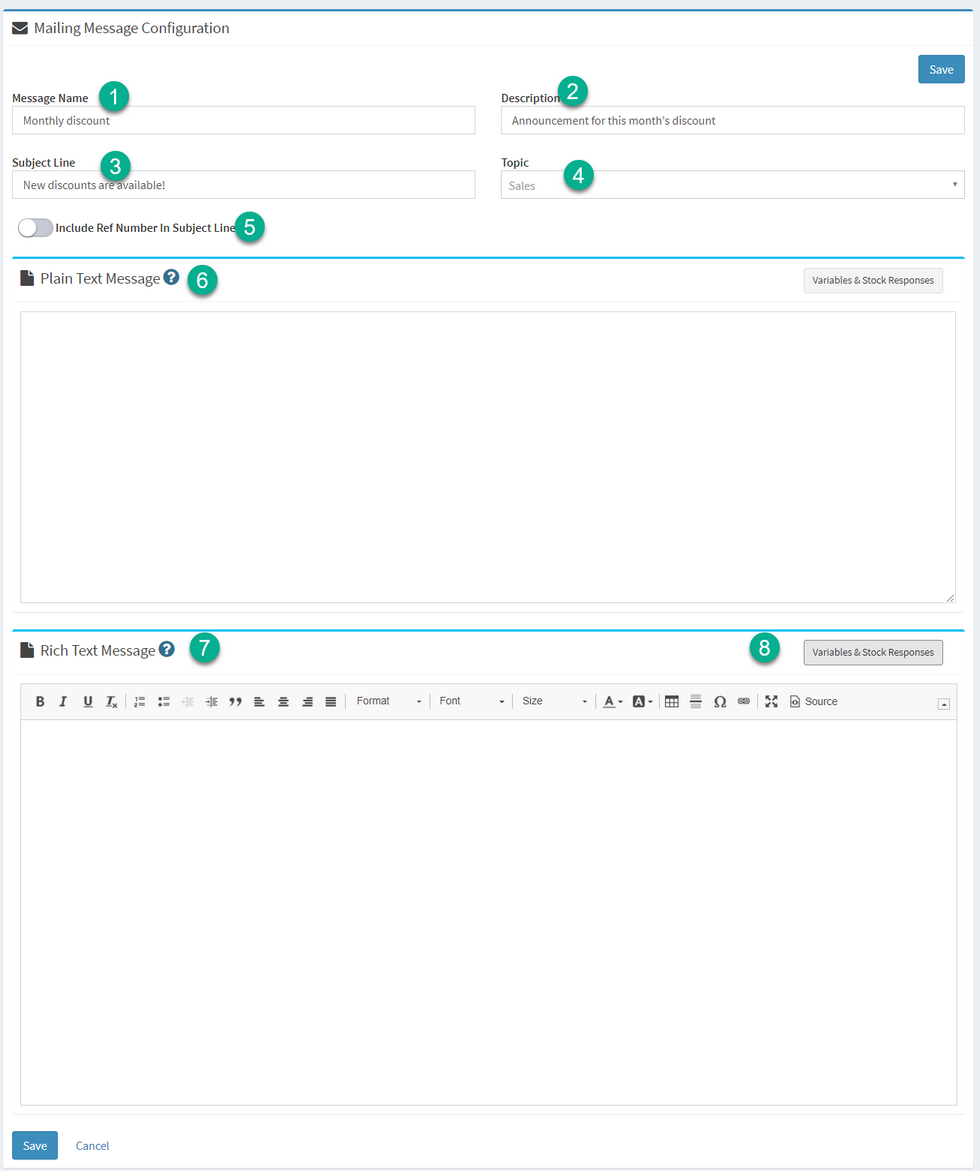 An iService mass mailing message configured for send