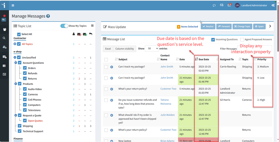 The iService Manage Messages view listing current interactions with their status and owner