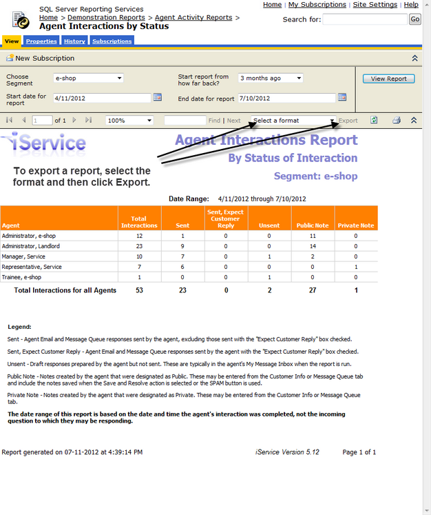 An iService report with its selected parameters and export options