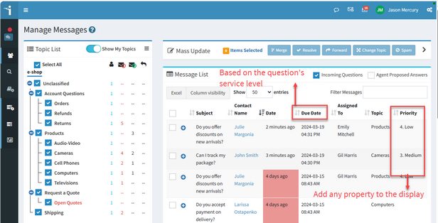 iService Manage Messages showing queued interactions grouped under the topic tree