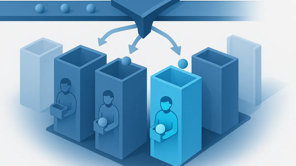 Arriving work directed by an overhead sorting junction into the holding column it belongs in, with each team working its own full column