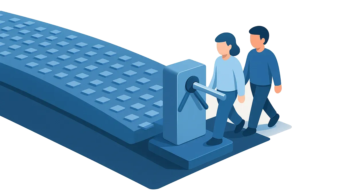 An unmetered flow of work passing freely through an open span while, set apart, two people step through a single plain turnstile