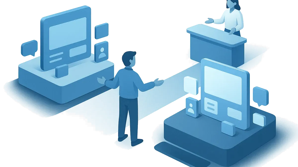 A person standing between two fully assembled deployment sites with an open way ahead to a service desk where somebody is waiting