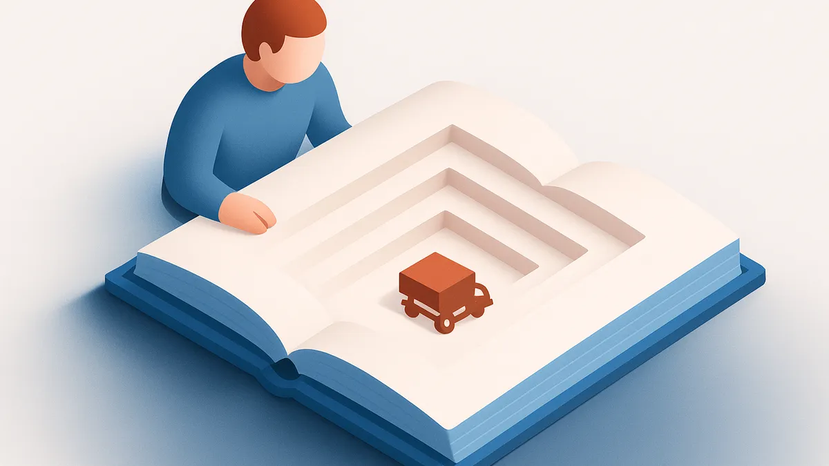 One bound paper lying open, its blank pages cut into deepening tiers with a small freight trailer resting at the bottom
