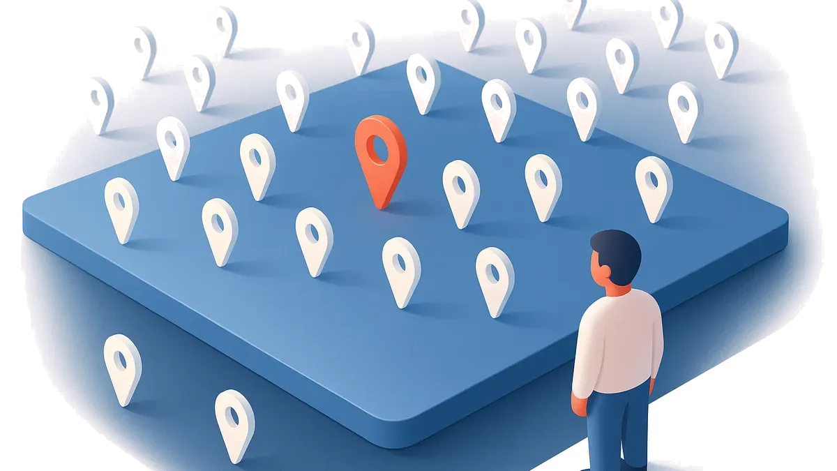 Blank markers clustered by nearness across an open field, the nearest few rising toward a placed query marker