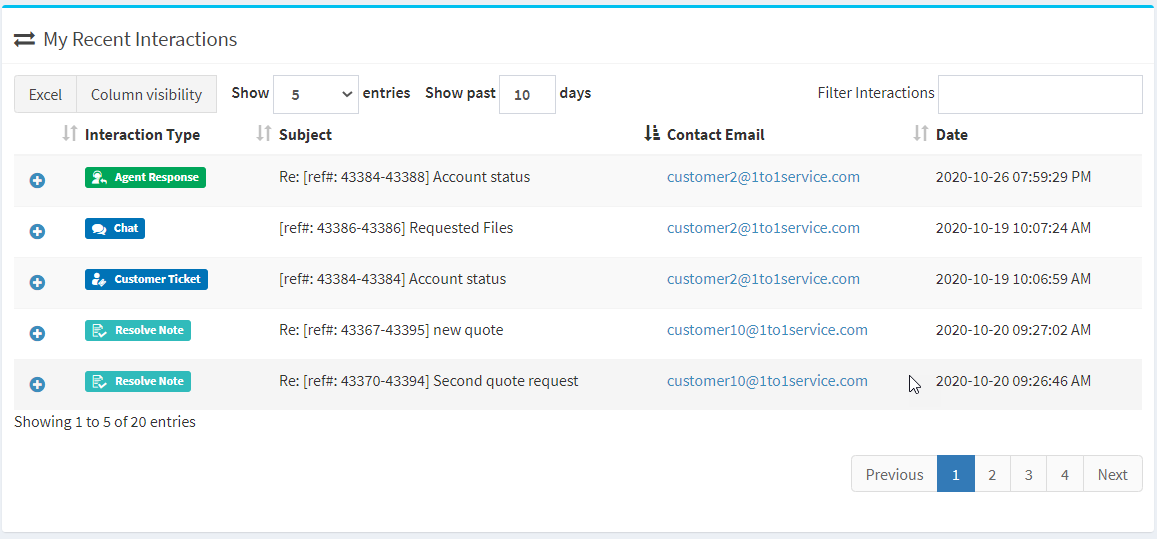 The iService agent home page listing recent interactions