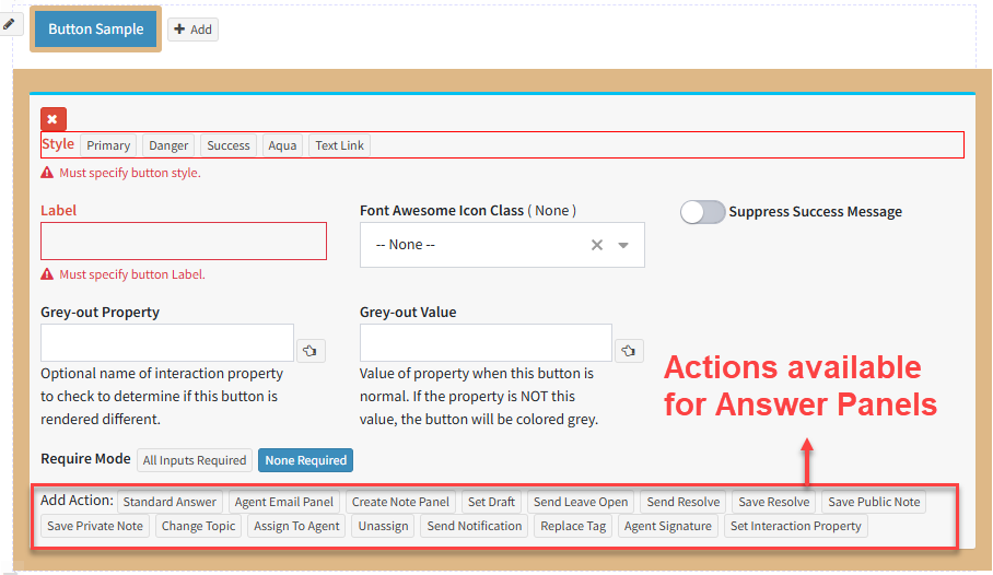 The actions configured on an iService answer panel