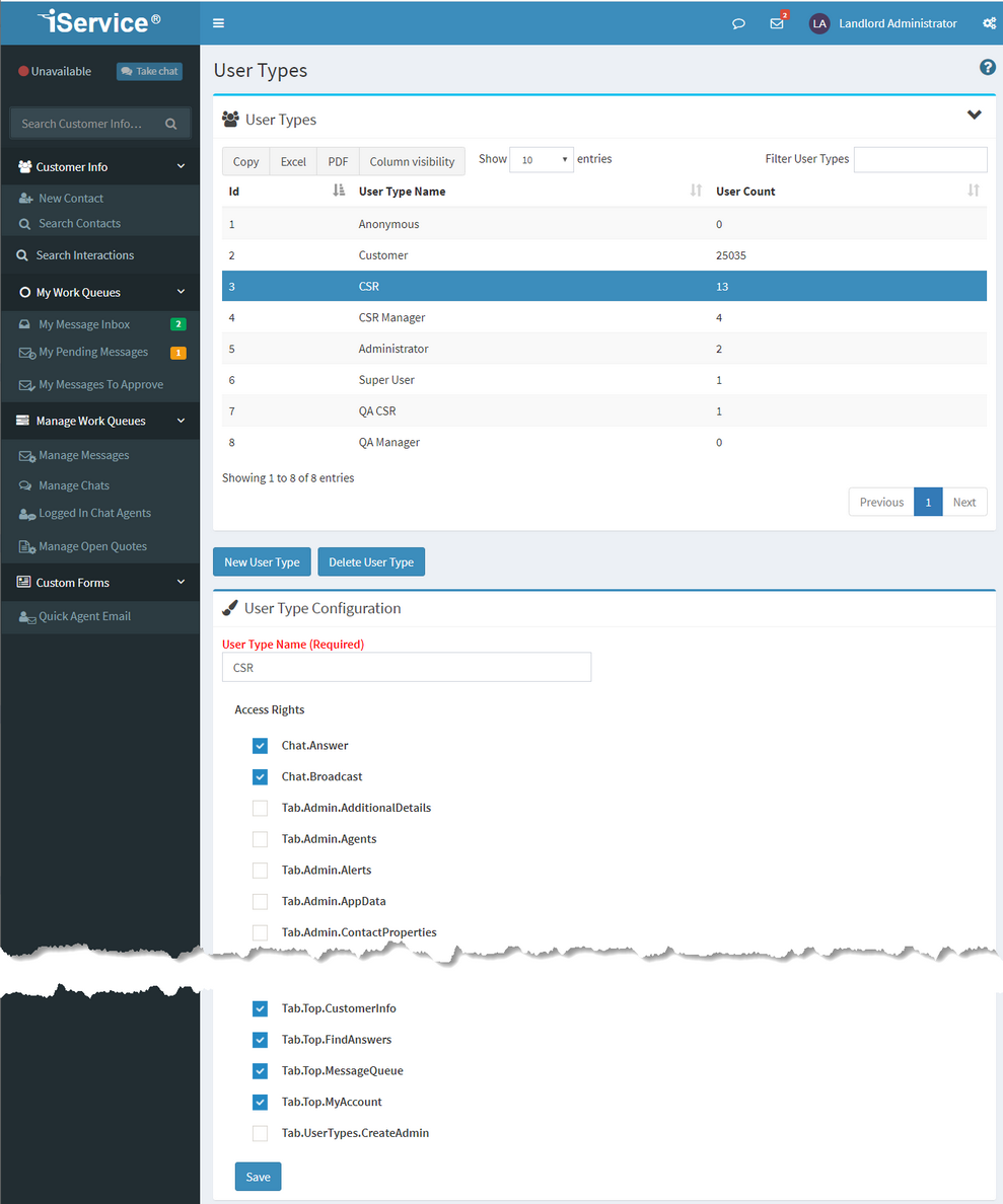 iService user types controlling which features and data each role reaches