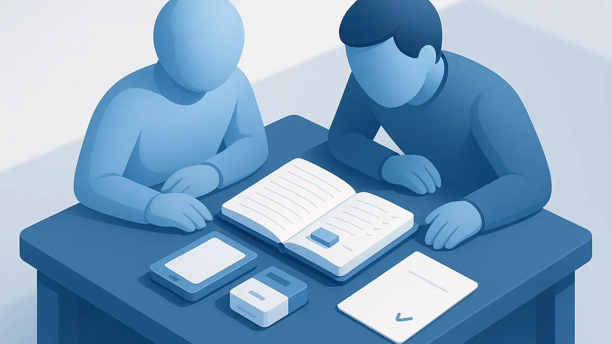 Two figures at a table where an open control-design summary rests on the service it describes, with an agreement sheet placed between them