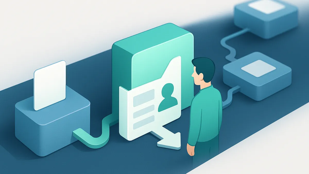 A request advancing through review, decision, and approval stages with a guiding panel