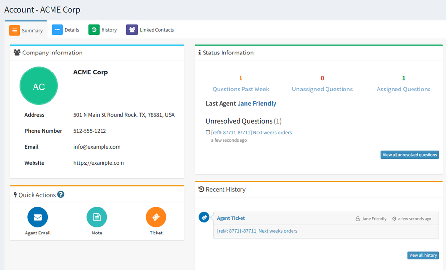 An iService account summary showing the contacts and activity under one business account