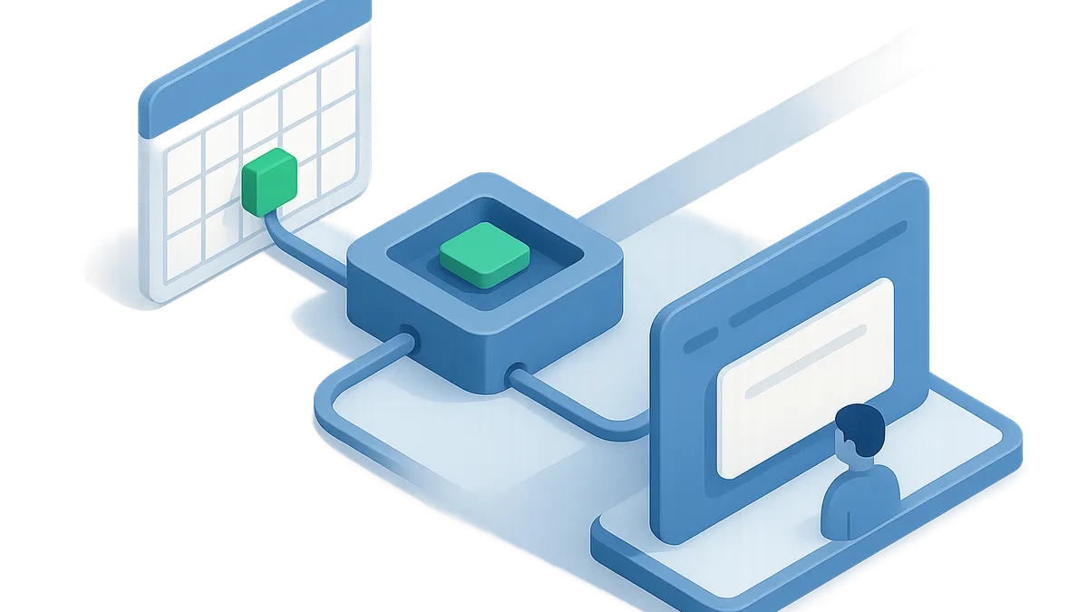 An external calendar event passes through an automation hub and arrives as an iService ticket