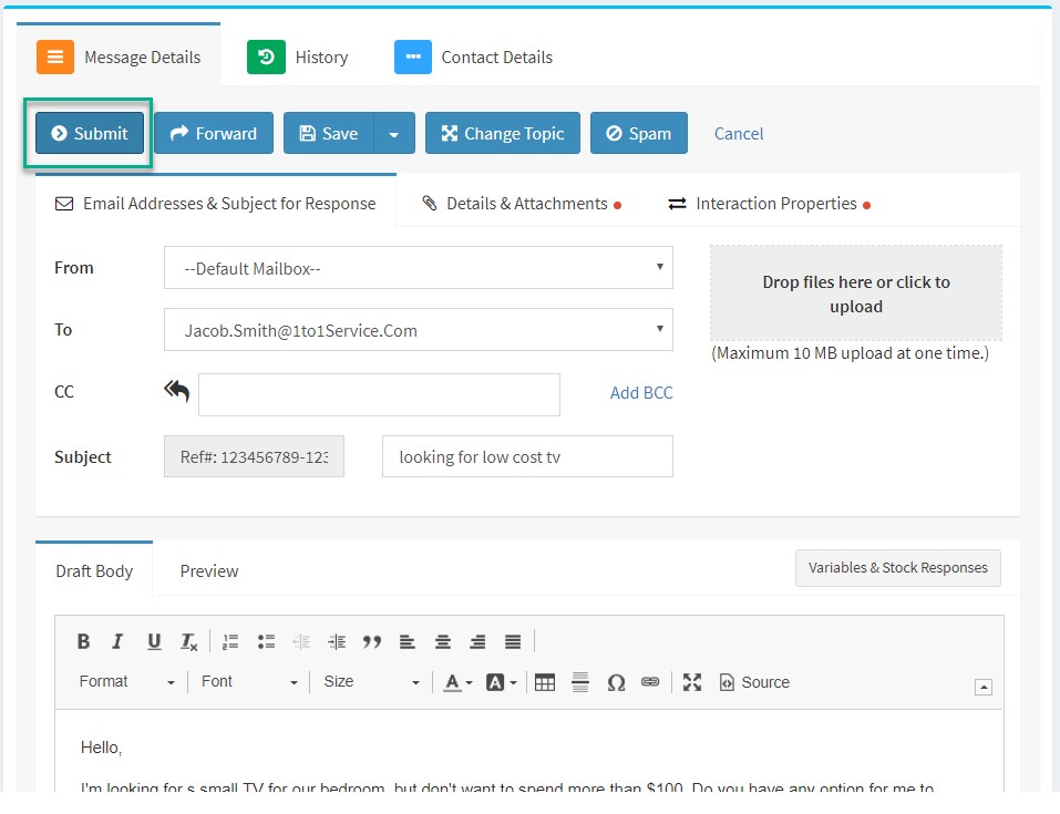 An iService response waiting in the approval queue before it is sent