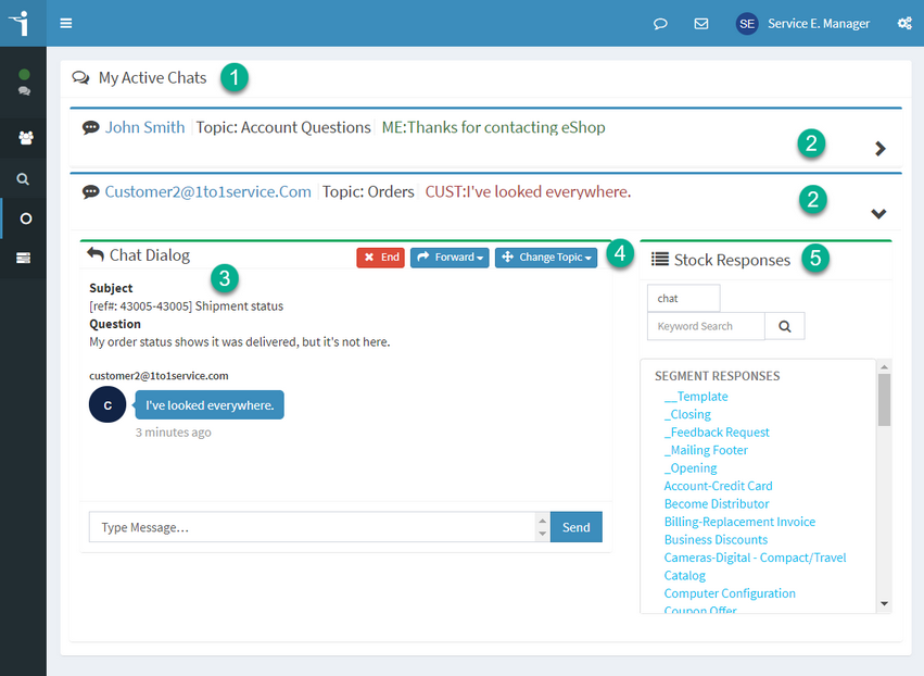 An iService agent handling several active chats from one screen
