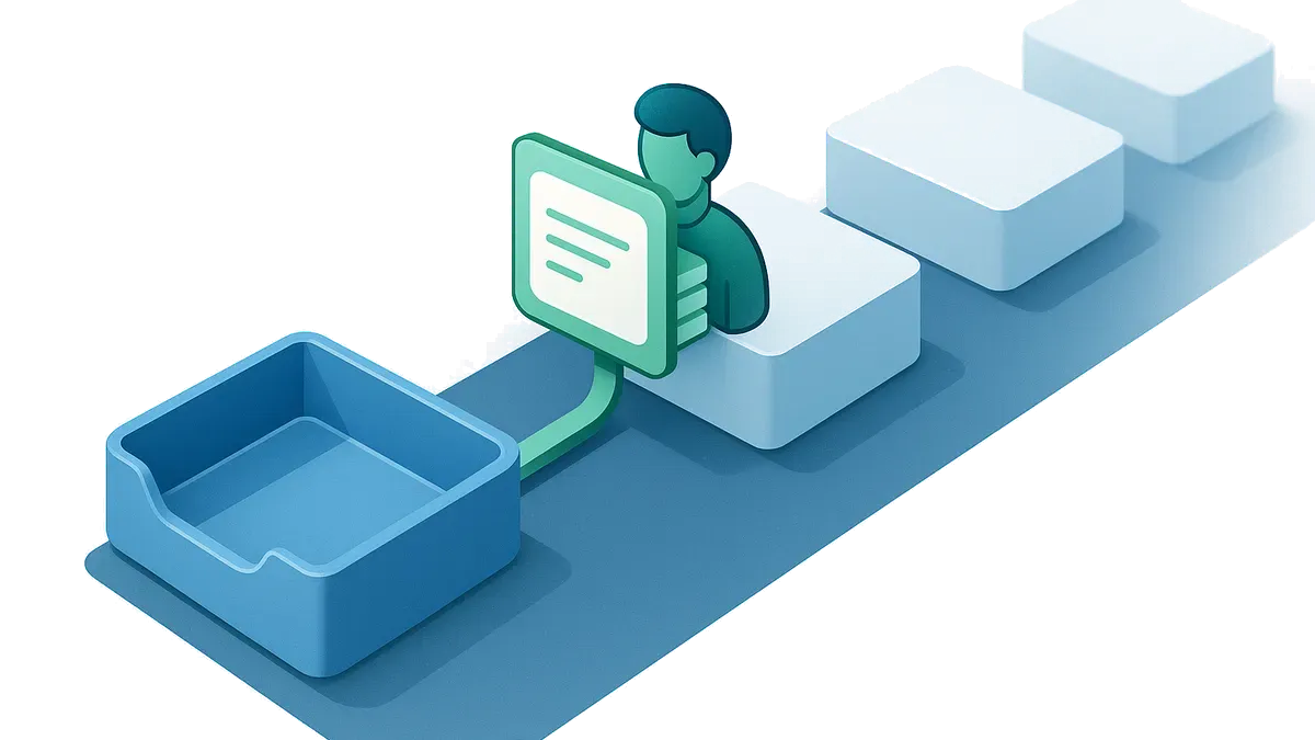 An email message becoming a routed, guided work item with connected history