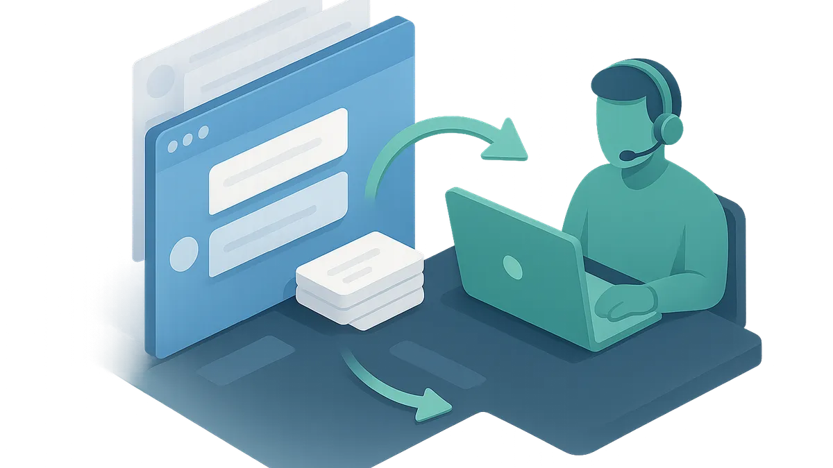 A browser chat conversation and its history passing along a route to a staffed agent workspace