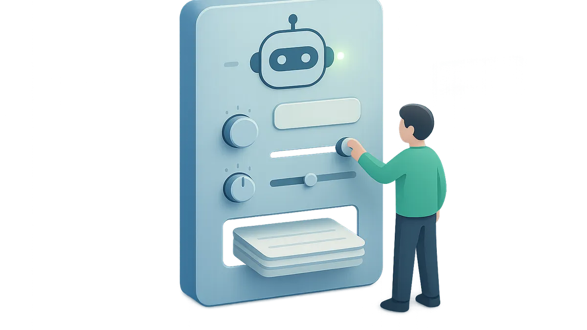 An operator configuring a chatbot control surface with blank reference sheets and active settings