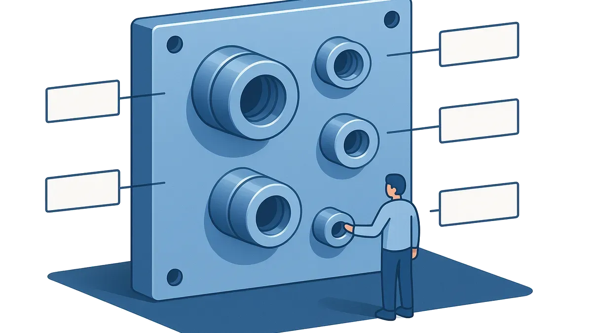 A plain machined face carrying open connection fittings of different profiles, annotated with blank leader lines and margin panels like a reference drawing